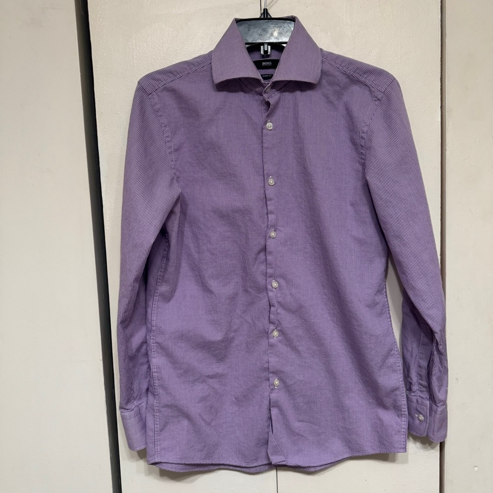 Hugo Boss Long Sleeve Button Up Size 15 32/33 Pink Plaid Shirt Sharp Fit